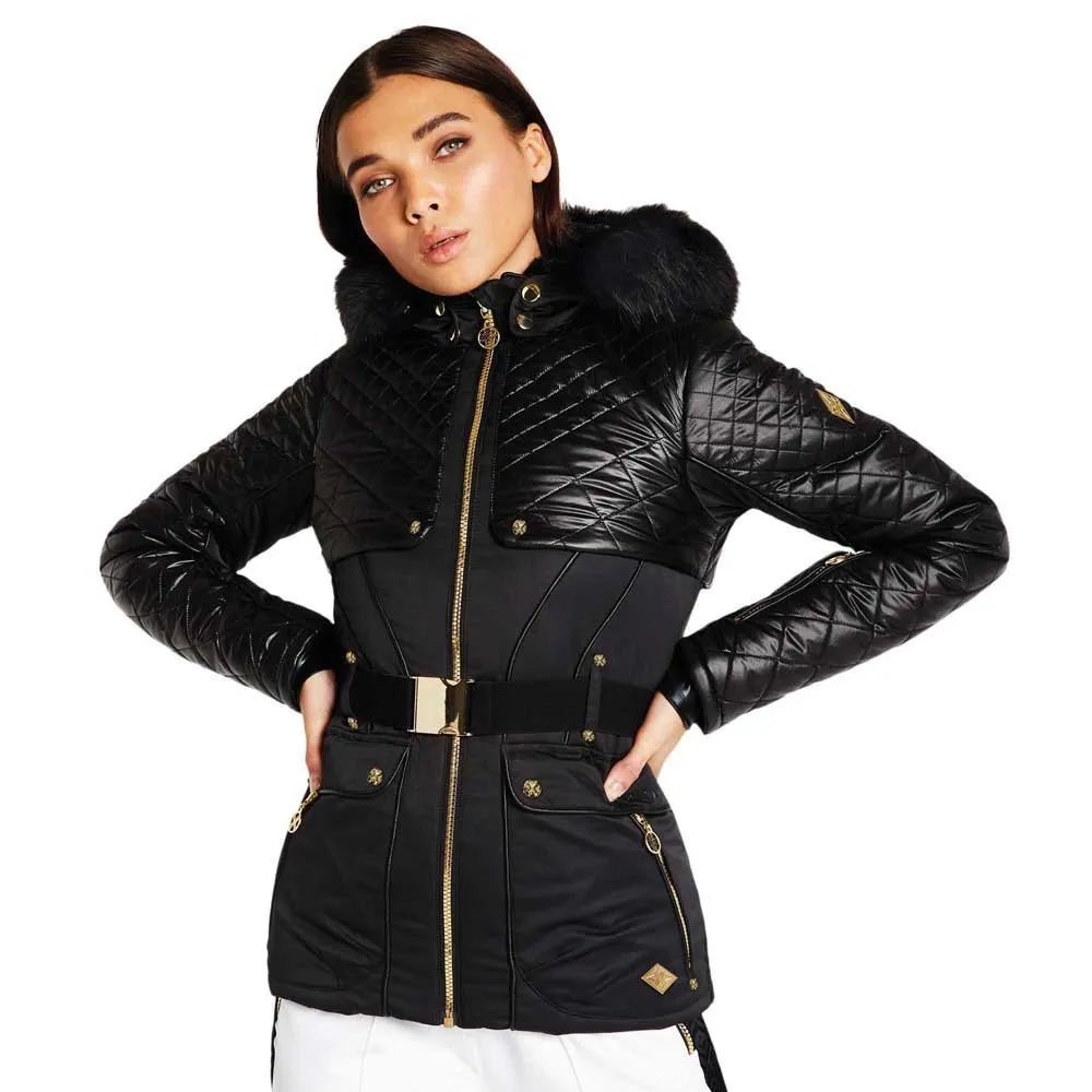D2B x Julien Macdonald Black Quilted Faux Fur Belted‎ Ski Jacket US 6